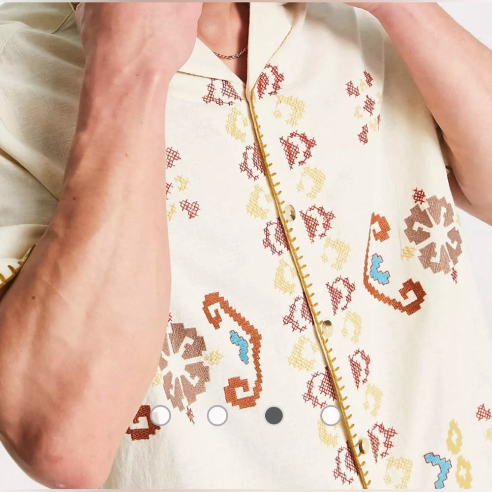 ASOS DESIGN relaxed revere shirt in linen mix with embroidered border Men’s SZ L - Picture 15 of 15